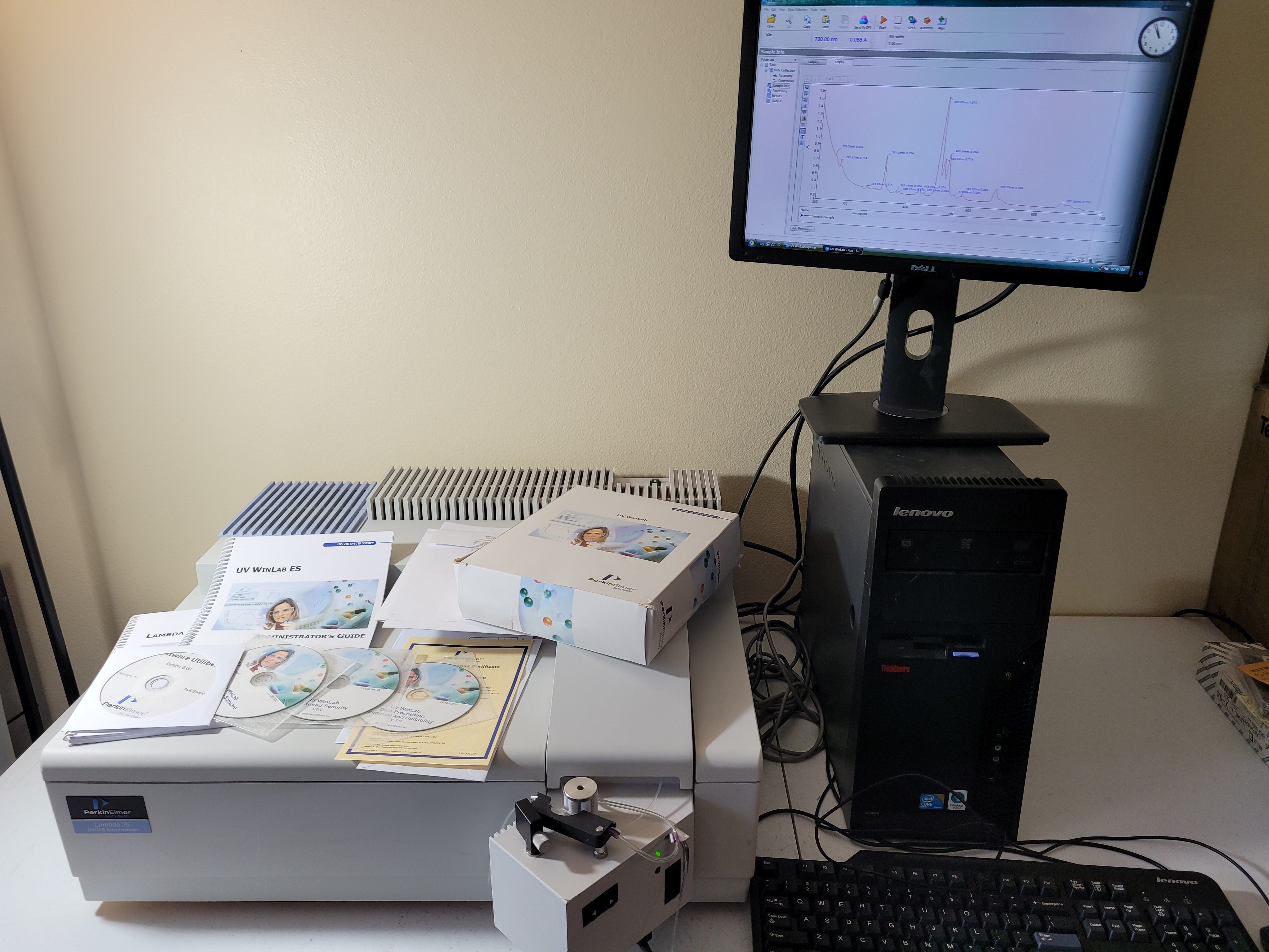 Sipper Computer Perkin Elmer Lambda 25 UV/Vis Spectrophotometer w/ sipper, computer, t ...