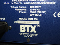 BTX ECM 830 Electroporation Electro Square Porator, Square Wave, 5 to 500V w/ Caliper
