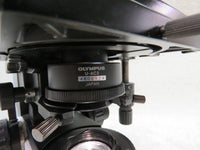 Olympus BX41TF microscope with U-AC2 condenser, U-BI30-2 widefield binocular Head, 3 objectives