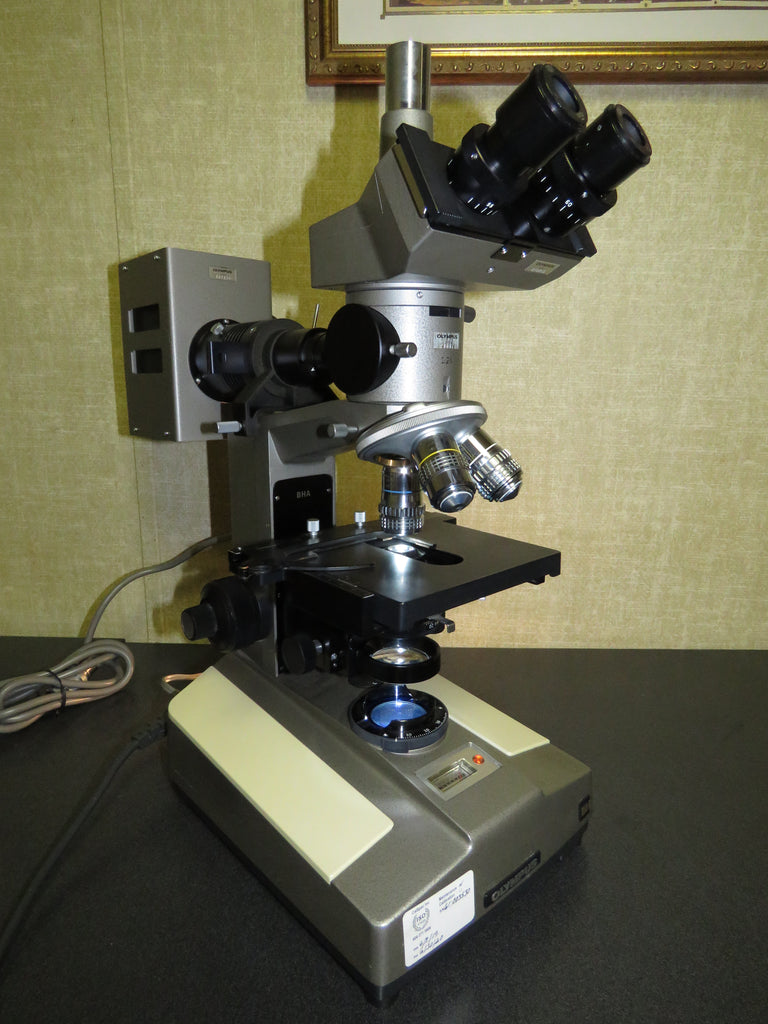 Olympus BH BHA Trinocular Microscope w/ UVFL 100 UVFL 40, UVFL 10 Objectives