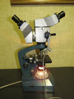 Vintage Olympus Dual Head Microscope with DO 1.25x, Objectives - Blue base